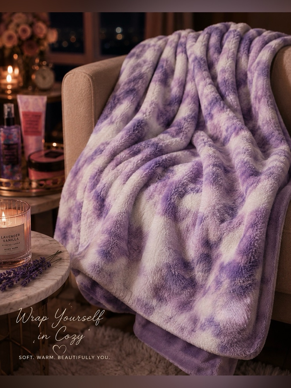 Betsey Johnson Buttery-Soft Faux Fur Throw Blanket Sunset Tie Dye Purple